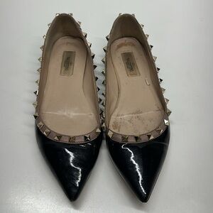 Rock Stud Ballerina Flats Pointed Pointy Toe Patent Leather Black Gold Size 41